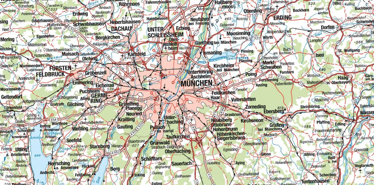 Kort over münchen og de omkringliggende byer