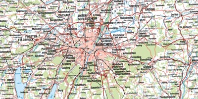 Kort over münchen og de omkringliggende byer